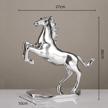 Shiny silver metallic decorbites lucky horse resin sculpture in a sleek rearing pose for horse resin home decor
