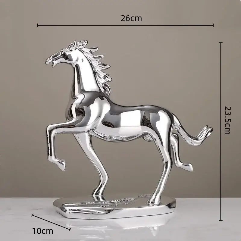 Shiny silver metallic decorbites lucky horse resin figurine with dynamic rearing pose and detailed mane for home decoration