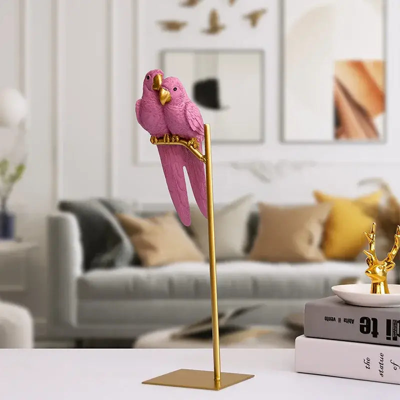 Pink parrot resin ornament perched on gold-colored stand decorbites lucky parrot modern nordic home decor gift