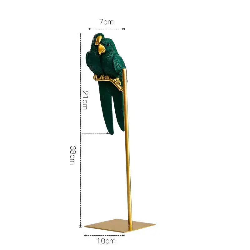 Elegant green resin ornament with gold accents featuring decorbites lucky parrot perched on a slender golden stand