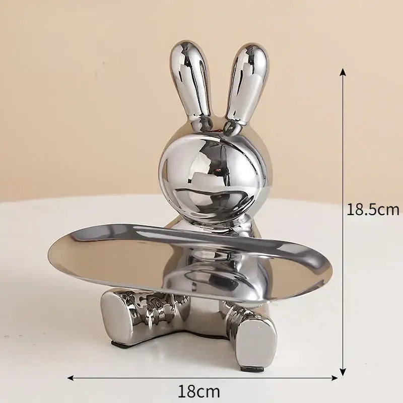 Shiny chrome decorbites lucky rabbit key tray with sleek reflective surface and stylized design for home organization