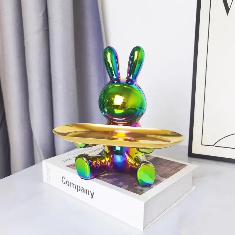 Glossy rainbow-iridescent decorbites lucky rabbit key tray with gold-colored tray for stylish home organization