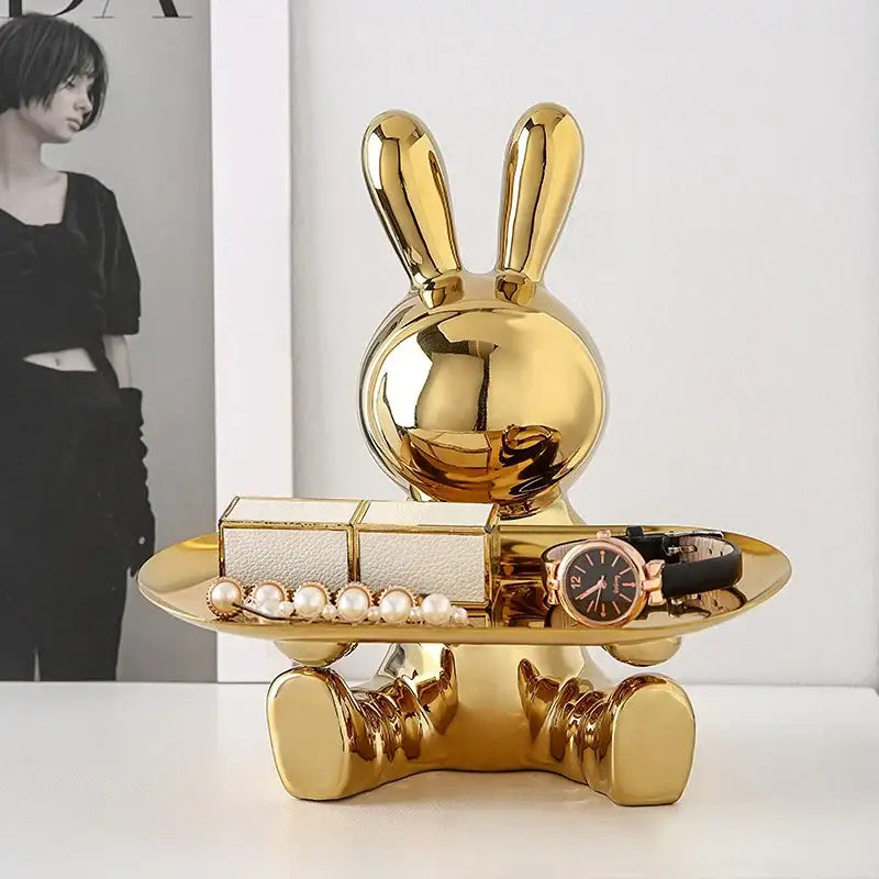 Shiny gold metallic decorbites lucky rabbit key tray with reflective finish for stylish home organization and decoration