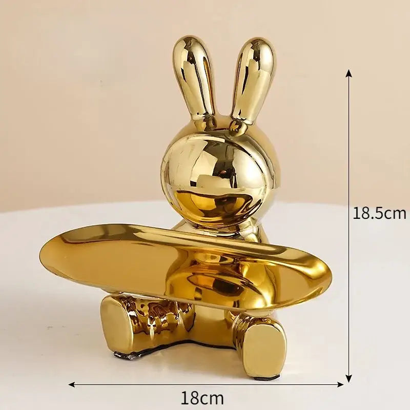 Golden ceramic decorbites lucky rabbit key tray with sleek reflective surface and smooth elongated oval tray for organization
