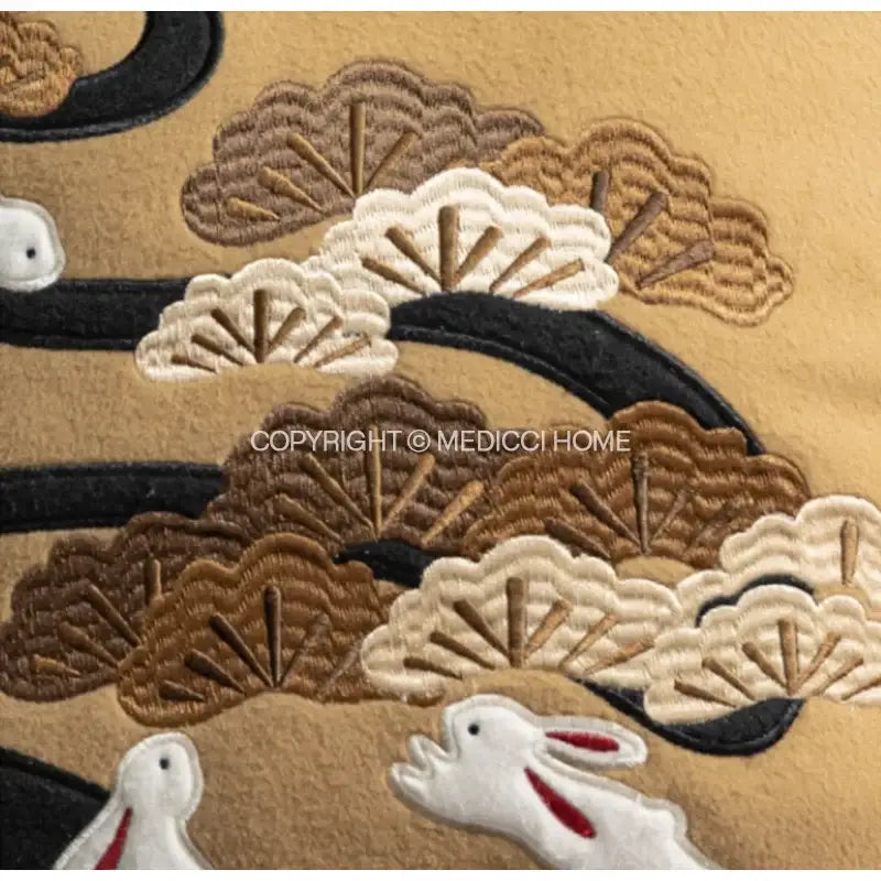 Tan silk velvet pillowcase with beige and brown embroidered clouds and white rabbits by decorbites lucky rabbit pine forests