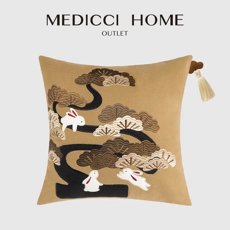 Tan medici home outlet pillowcase with decorbites lucky rabbit pine embroidery on silk velvet with tassels in beige tones