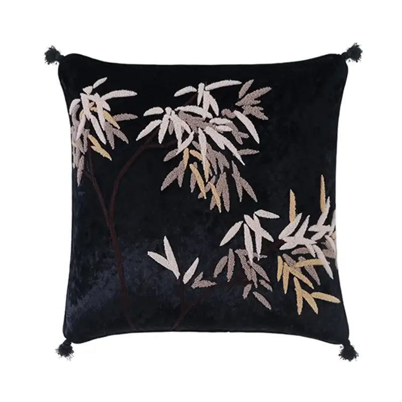 Black velvet DecorBites lucky rabbit silk pillowcase with embroidered lucky rabbit pine bamboo leaves and tassels