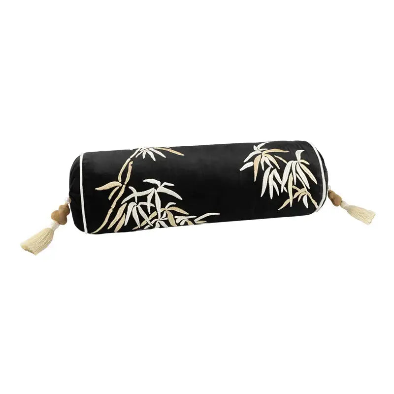 Black velvet decorbites lucky rabbit cylindrical pillow with cream embroidered bamboo and tassels inspired by pine forests