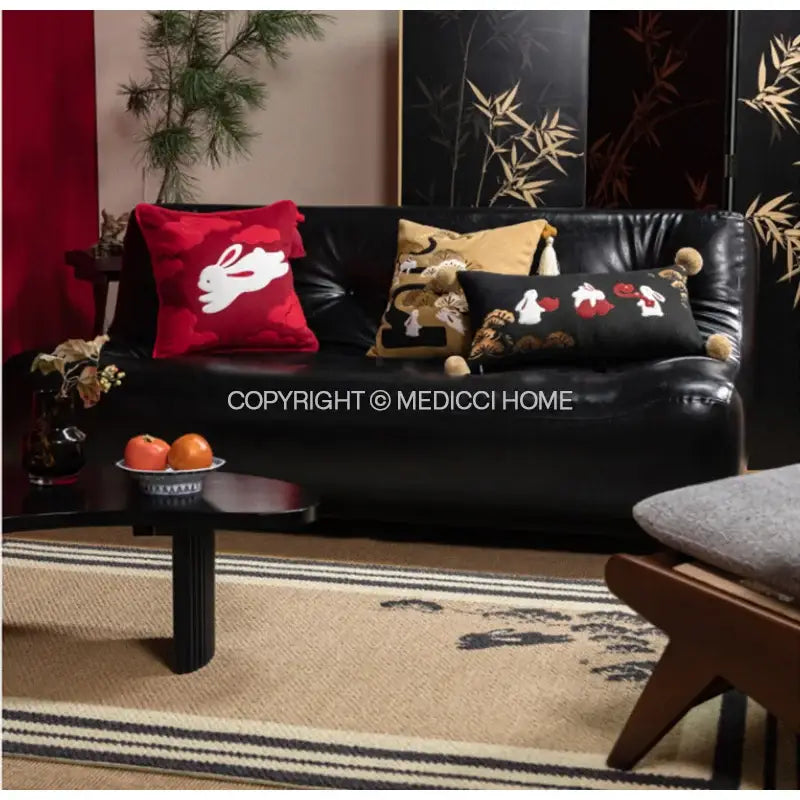 Black leather sofa with decorbites lucky rabbit pine silk velvet pillowcase featuring embroidered rabbits and tassels