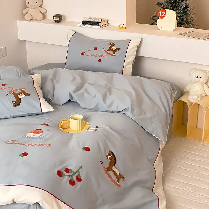 Light blue decorbites lucky trojan cotton embroidered bedding set with rocking horse and cherry motifs duvet cover