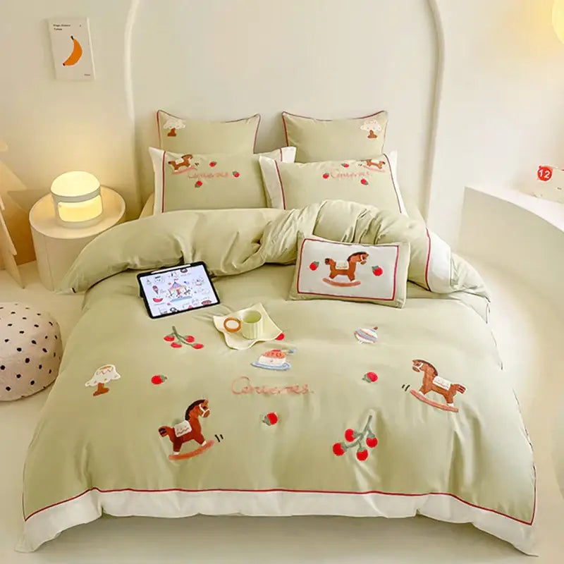 Pastel green decorbites lucky trojan cotton embroidered bedding set with wooden rocking horse and cherry motifs duvet cover