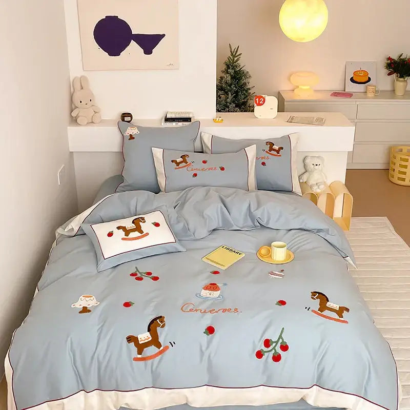 Light blue cotton embroidered bedding set with rocking horse and cherry motifs from decorbites lucky trojan duvet cover
