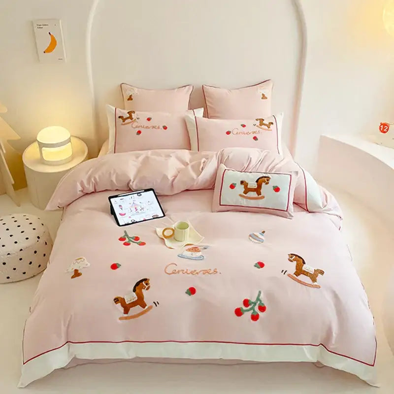Pink decorbites lucky trojan cotton embroidered bedding set with wooden rocking horse and cherry motifs duvet cover