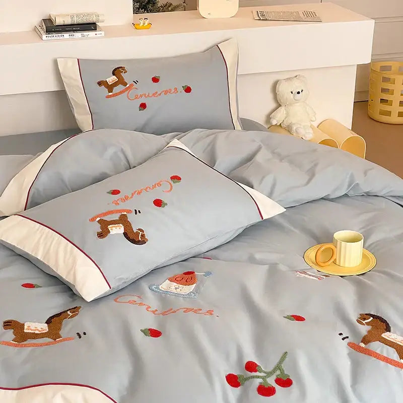 Light blue decorbites lucky trojan cotton embroidered bedding set with playful rocking horse and cherry motifs duvet cover