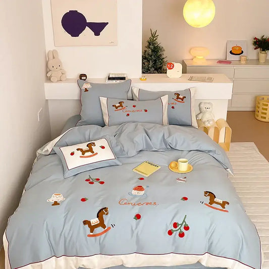 Light blue cotton decorbites lucky trojan embroidered bedding set with rocking horse and cherry motifs duvet cover