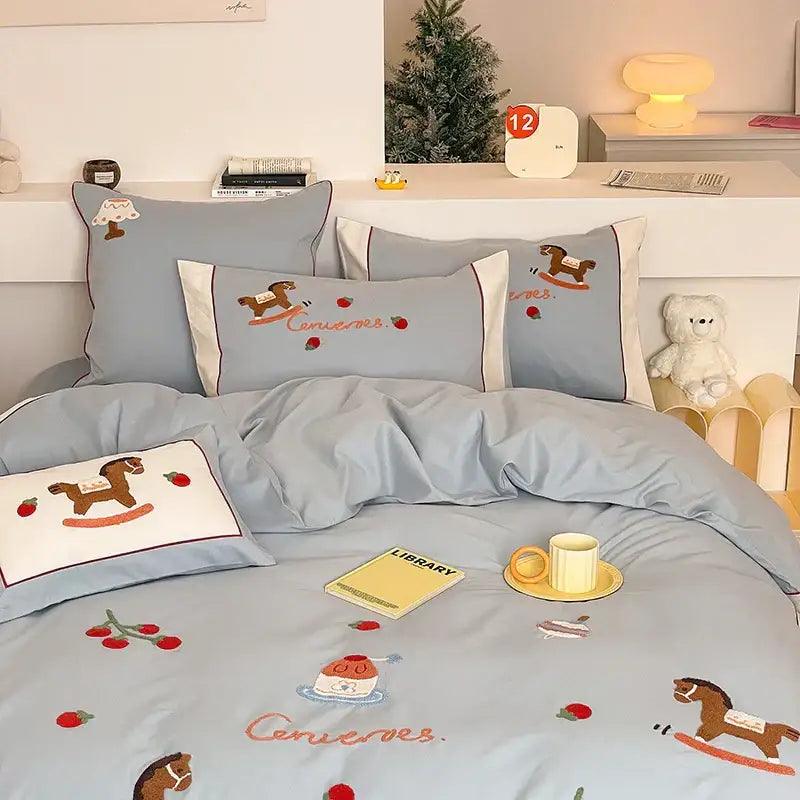 Light blue DecorBites Lucky Trojan cotton bedding set with embroidered rocking horse and cherry motifs duvet cover