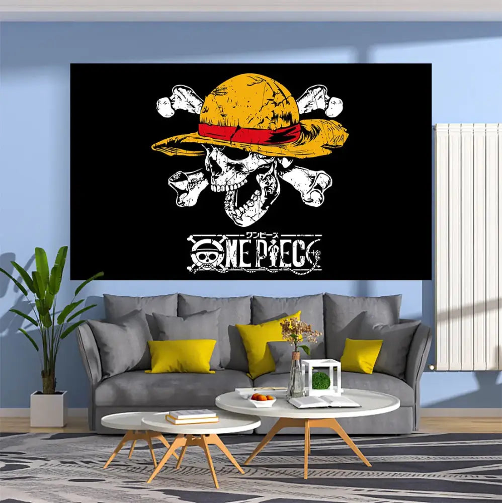 Black skul anime tapestry featuring stylized skull with yellow straw hat and one piece logo for bedroom decor