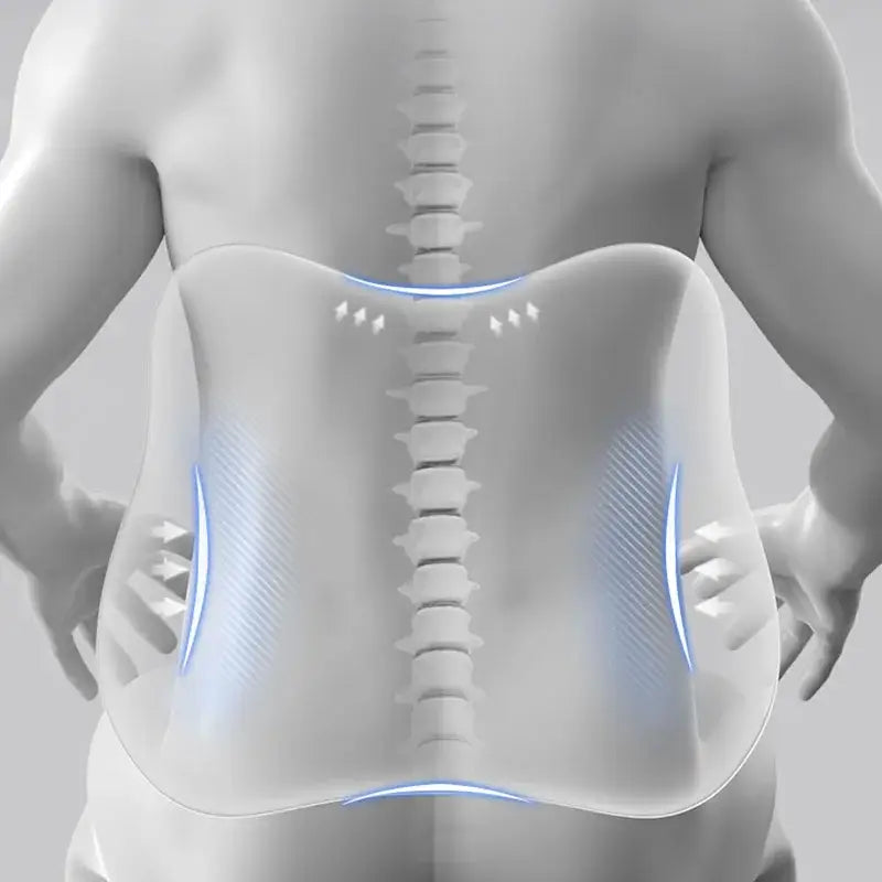 Transparent contoured decorbites lumbar support memory foam cushion with blue glowing lines for ergonomic spinal alignment