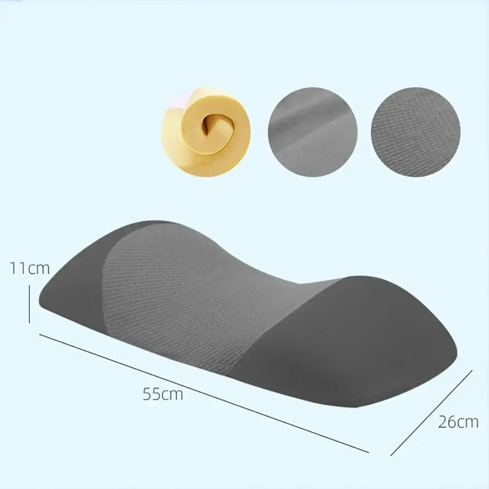 Gray ergonomic DecorBites memory foam pillow with textured mesh center and solid foam sides for back muscle relaxation