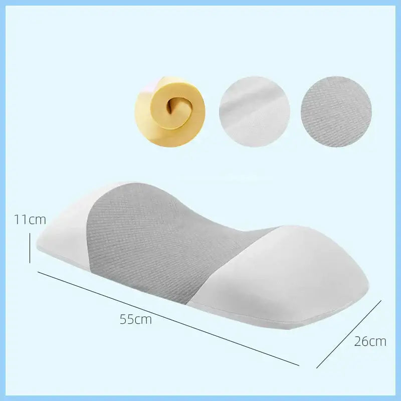 Gray and white memory foam pillow with textured fabric cover designed for lumbar support and back muscle relaxation