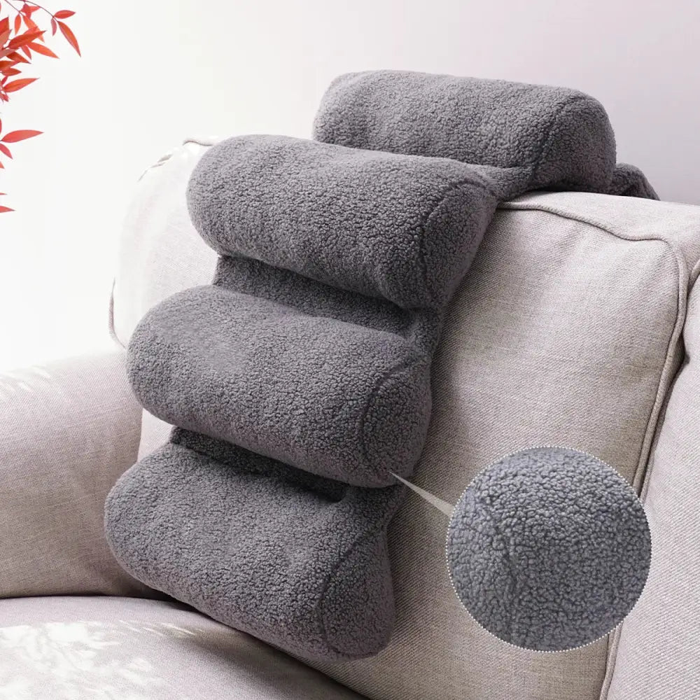 Gray DecorBites™ lumbar support pillow with soft fuzzy texture designed for adjustable office chair lumbar support