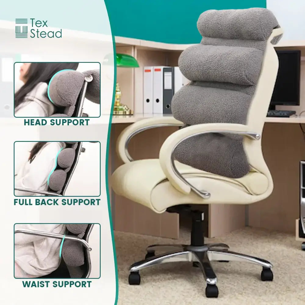 Cream-colored office chair with plush gray DecorBites™ lumbar support pillow for adjustable back support