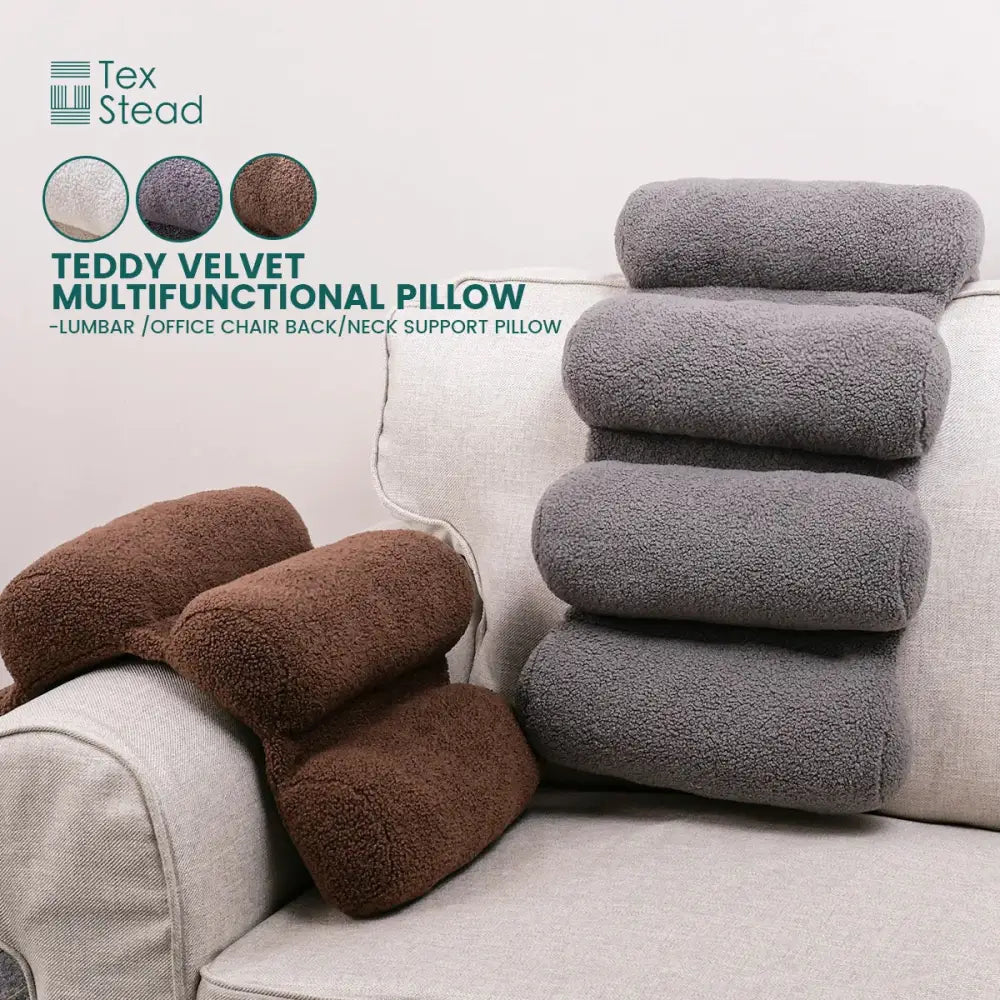 Stacks of brown and gray teddy velvet lumbar support pillows from decorbites™ adjustable for office chair use