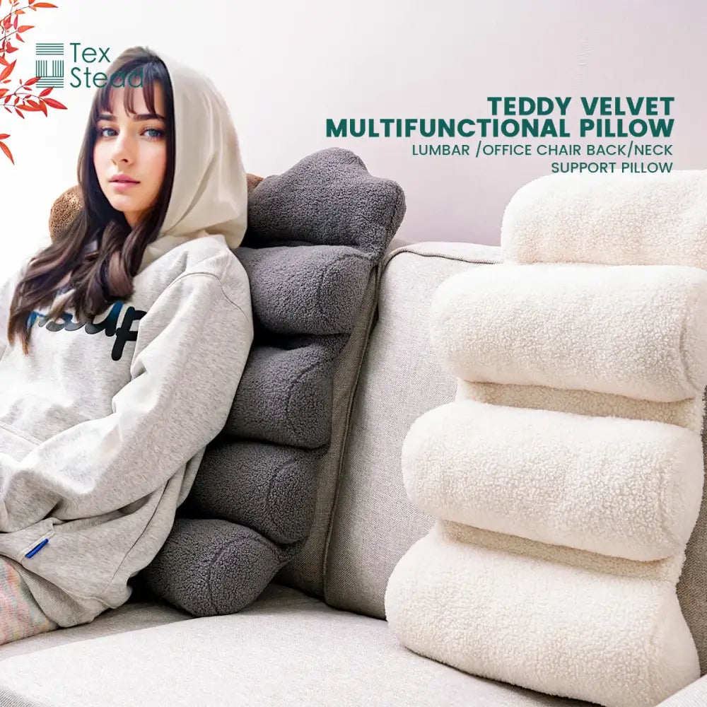 Stacked DecorBites™ plush velvet lumbar support pillows in gray and cream for adjustable office chair back support