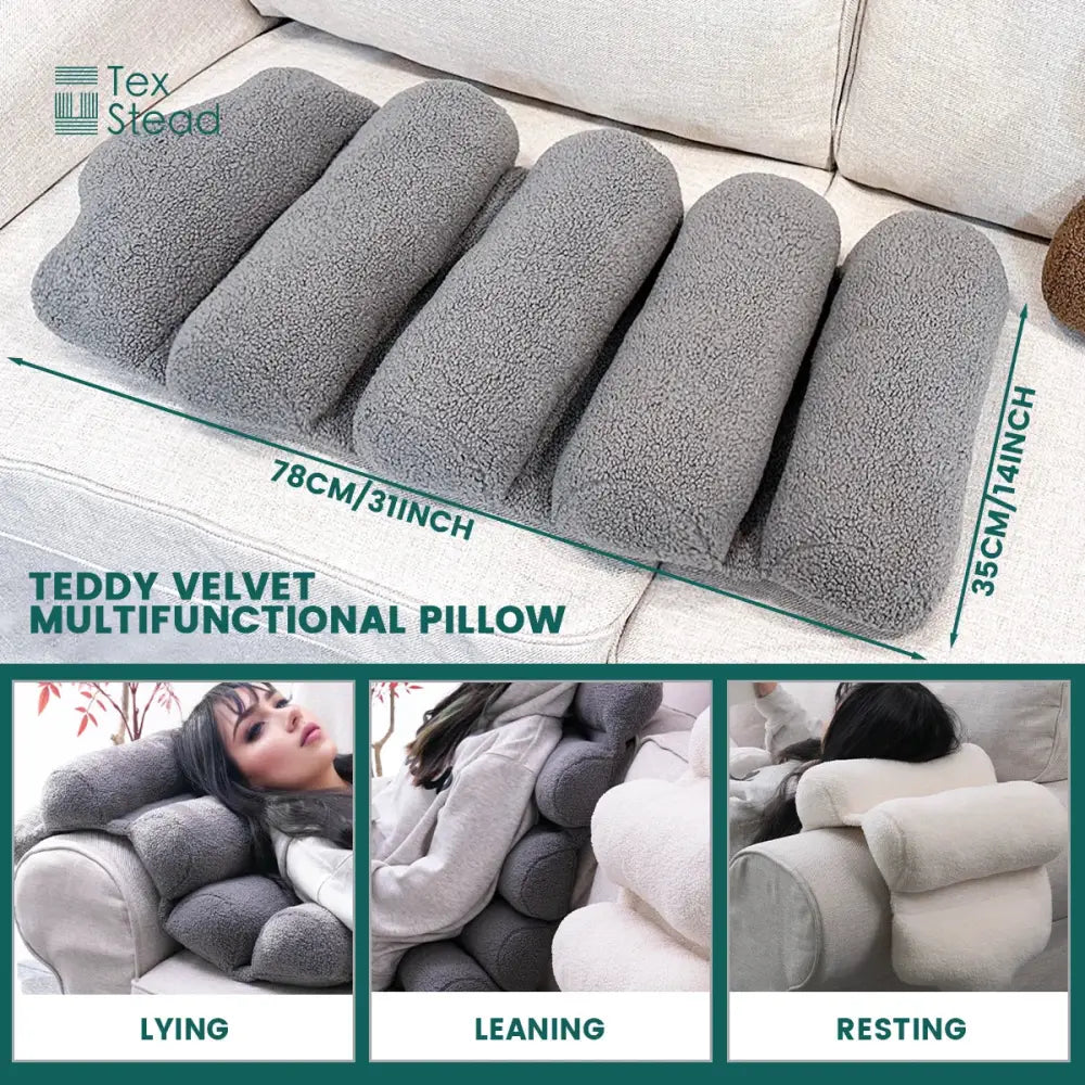 Gray teddy velvet lumbar support pillow by DecorBites with five segmented sections for versatile office chair support