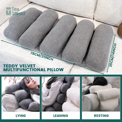 Gray teddy velvet lumbar support pillow by DecorBites with five segmented sections for versatile office chair support