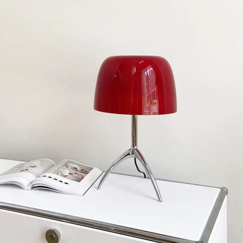 Decorbites lumiere glass table lamp in vibrant red with glossy finish and chrome tripod base for modern interiors