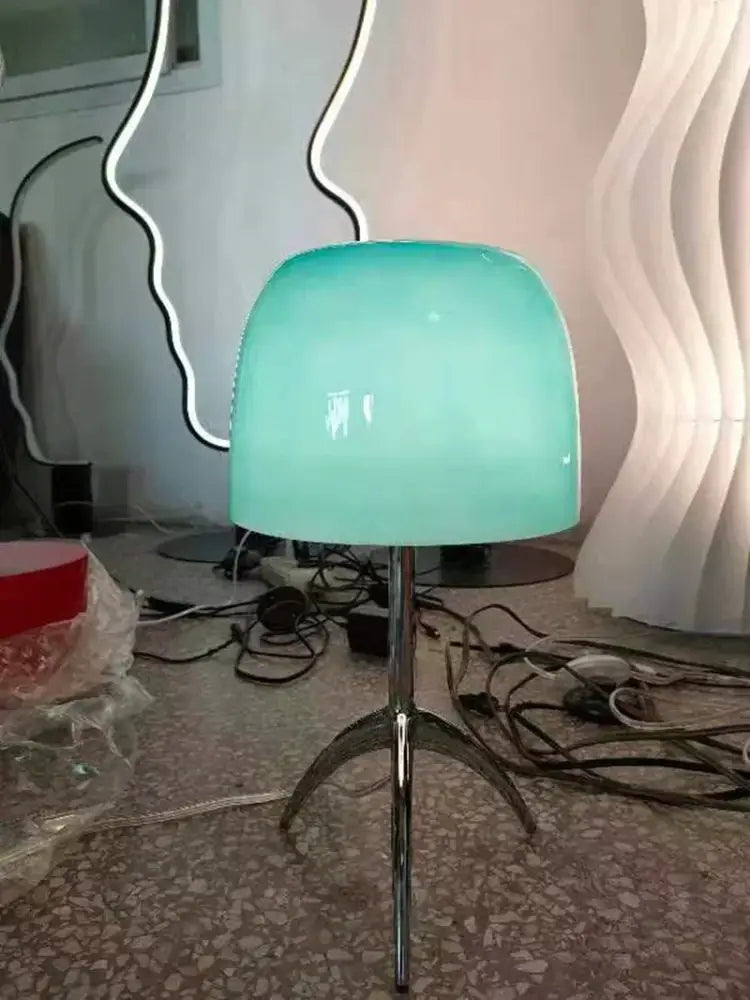 Decorbites lumiere glass table lamp with a sleek mint green glass shade and polished chrome tripod base for modern decor