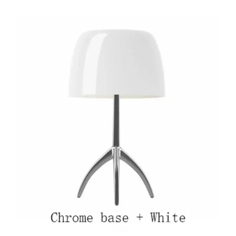 DecorBites™ Lumiere glass table lamp with white glossy shade and sleek chrome tripod base for modern indoor lighting
