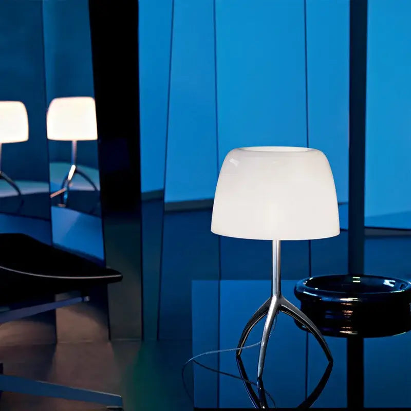 White opaline glass lampshade on chrome tripod base in decorbites lumiere table lamp for bedroom and living room