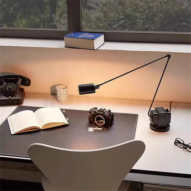 Black DecorBites Lumina adjustable long arm floor lamp with rectangular head for reading and study rooms