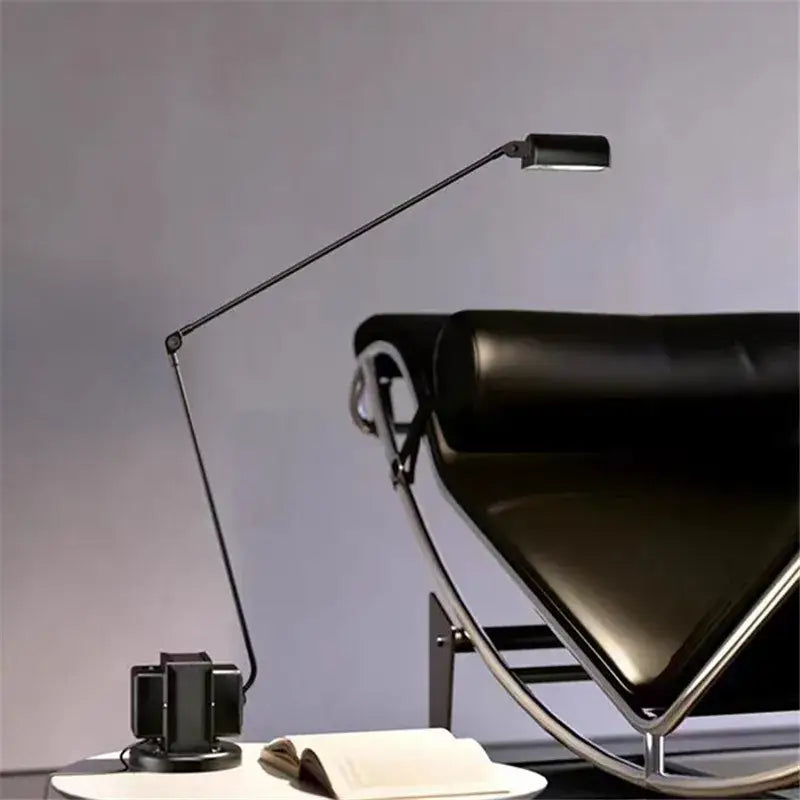 Black DecorBites Lumina floor lamp with long arm, metallic joints, and sleek minimalist design for reading and study rooms