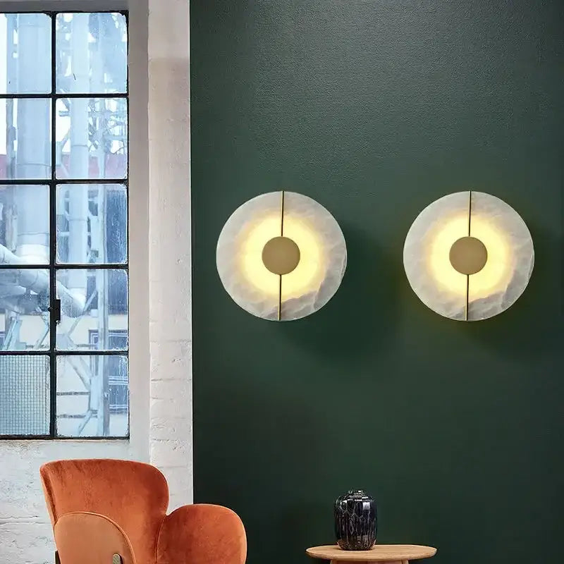 Modern circular decorbites lumind copper wall lamp with matte white textured finish and warm yellow bedside light