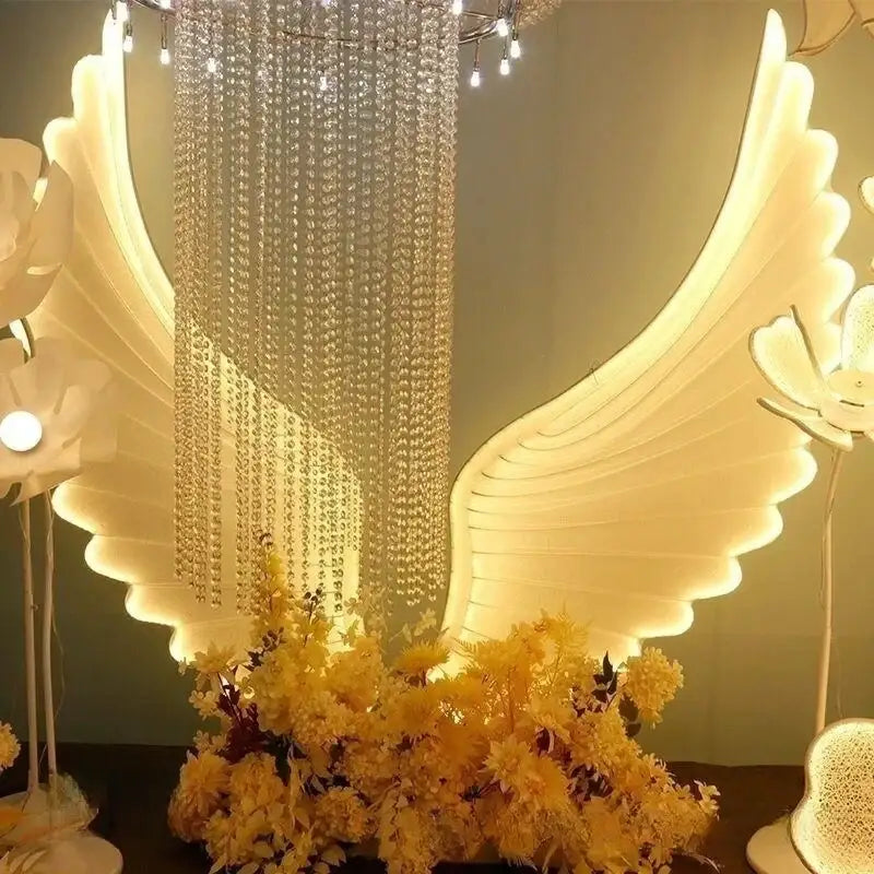 Illuminated white decorbites luminescent angel wings led lamp with cascading crystal chandelier for modern fairy parties