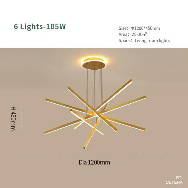 Modern gold-finished aluminum decorbites luminous ceiling plate chandelier with six angular led arms for living room lighting