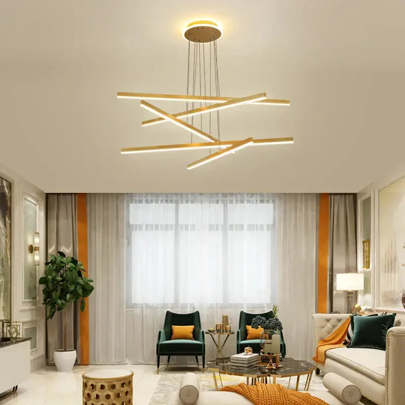 Modern gold-toned aluminum decorbites luminous ceiling plate chandelier with intersecting LED bars for living room use