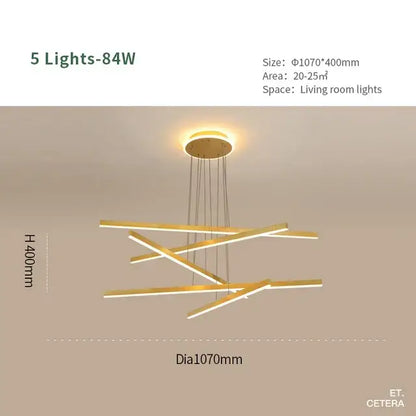 Modern gold-toned aluminum decorbites luminous ceiling plate chandelier with five intersecting led light bars for living room