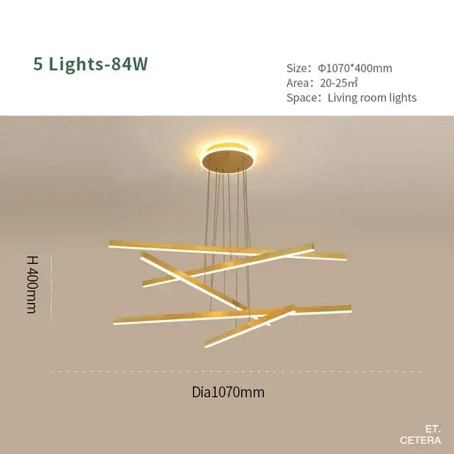 Modern gold-toned aluminum decorbites luminous ceiling plate chandelier with five intersecting led light bars for living room