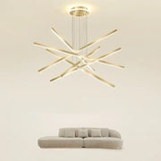 Modern gold-toned aluminum DecorBites luminous ceiling plate chandelier with sleek LED light bars for living room dining table