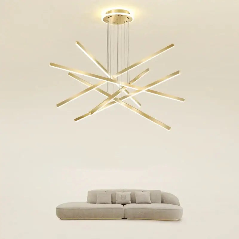 Modern gold-toned aluminum DecorBites luminous ceiling plate chandelier with sleek LED light bars for living room dining table