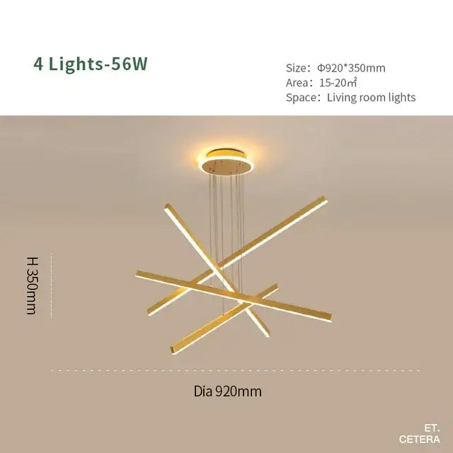 Modern gold-toned aluminum decorbites luminous ceiling plate chandelier with four intersecting LED light bars for living room