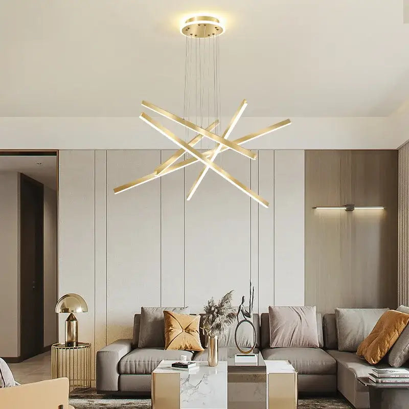 Modern gold-toned aluminum decorbites luminous ceiling plate chandelier with intersecting rods for living room lighting