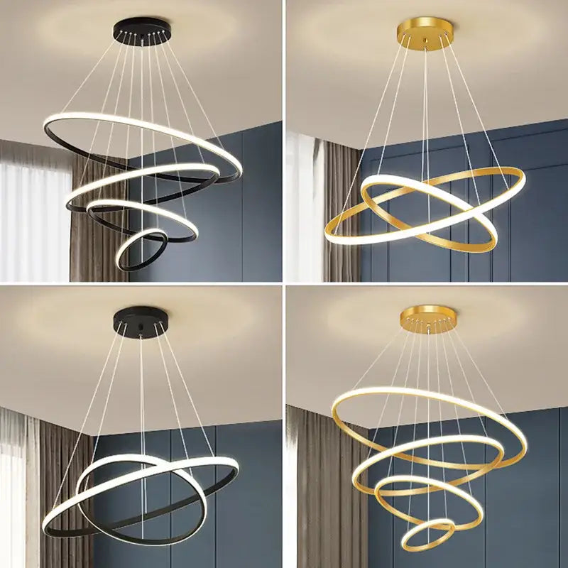 Modern spiral pendant light featuring three interlocking rings in black or gold finish from decorbites luminous circle collection
