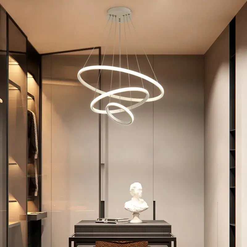 Modern white led pendant light with three interlocking rings decorbites luminous circle pendant chandelier in four colors