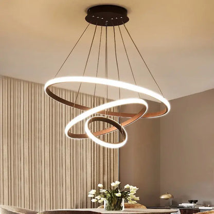 Decorbites luminous circle pendant double-ring led chandelier with sleek black mount and warm white illumination