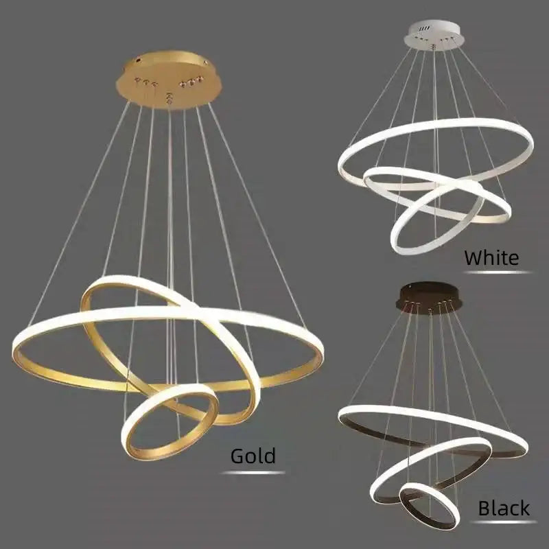 Modern minimalist DecorBites luminous circle pendant light with interlocking rings in gold white and black finishes